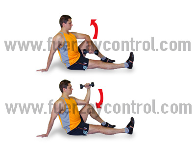 Ejercicios de rotadores externos del hombro: Trabajo con mancuerna sentado en el suelo con el codo apoyado